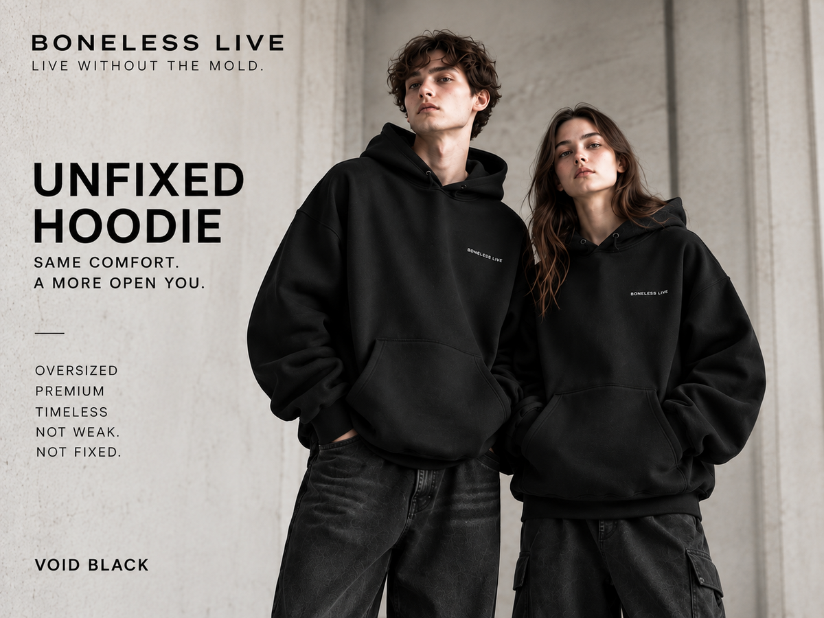 BONELESS LIVE UNFIXED HOODIE in VOID BLACK, men's and women's fit hero image