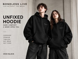BONELESS LIVE UNFIXED HOODIE in VOID BLACK, men's and women's fit hero image