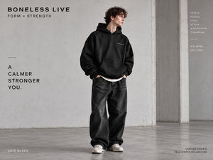 BONELESS LIVE UNFIXED HOODIE VOID BLACK men's fit editorial front view