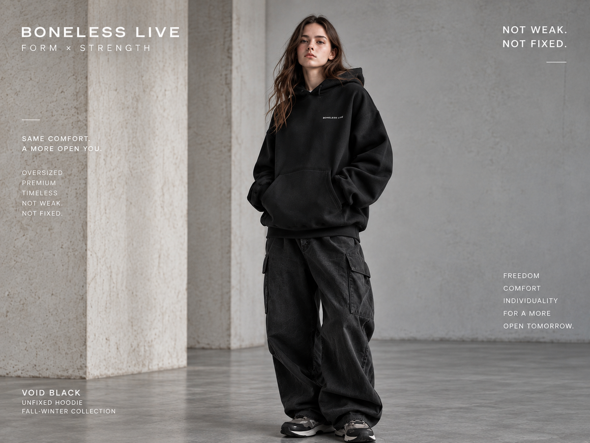 BONELESS LIVE UNFIXED HOODIE VOID BLACK women's fit editorial front view