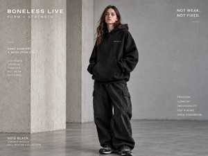 BONELESS LIVE UNFIXED HOODIE VOID BLACK women's fit editorial front view